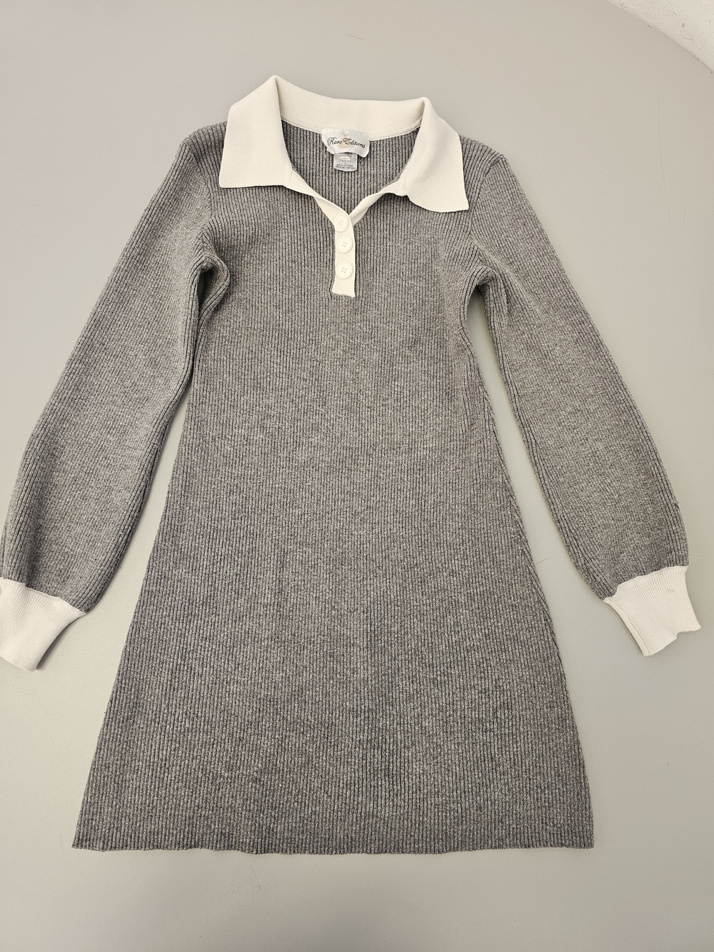 Rare Editions Gray Knit Polo-Collar Sweater Dress with Cream Trim